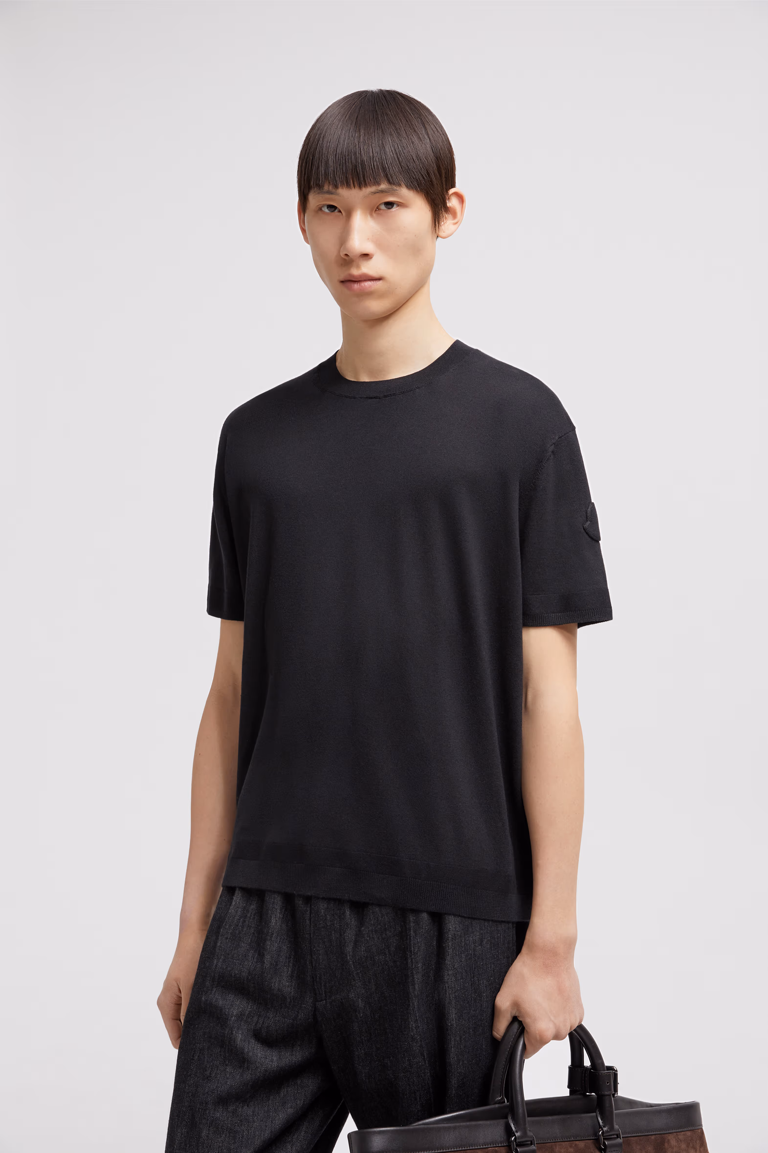 Silk & Cotton Knit T-Shirt Men Black Moncler 0